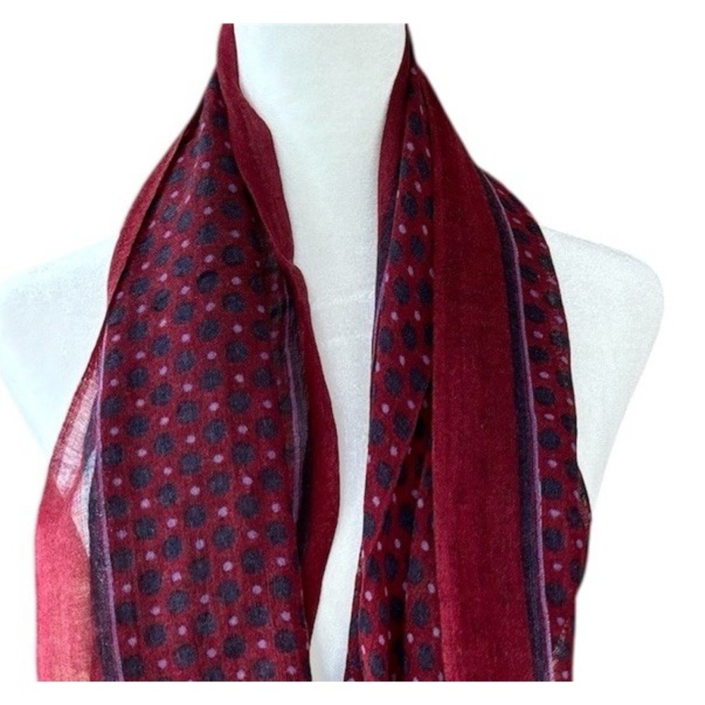 Wool Scarf 72"x28" Lightweight Maroon Navy‎ Threads Napa Valley Polka Dot - Picture 3 of 5
